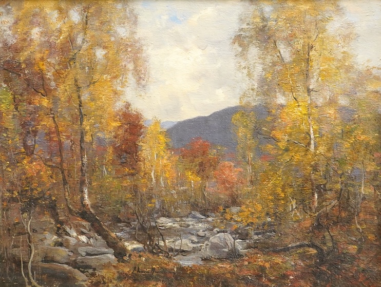 Attributed to Joseph Morris Henderson RSA (Scottish, 1863–1936), Woodland landscape with stream, bears signature, oil on canvas, 32 x 42cm, ornate gilt frame